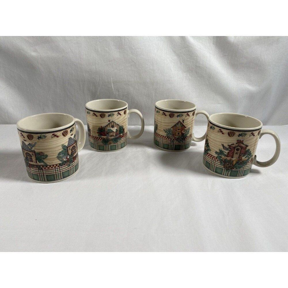 Lot of 4 Debbie Mumm Sakura "Winter Birds" Stoneware Coffee Mugs
